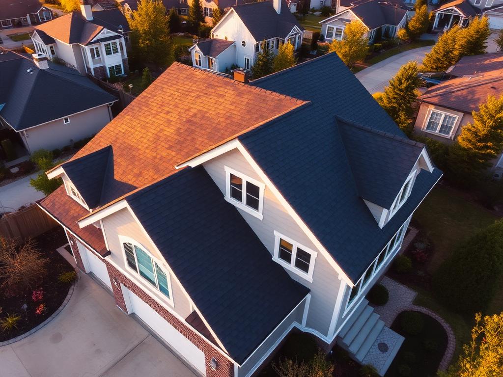 Newly installed asphalt shingle roof on a modern home